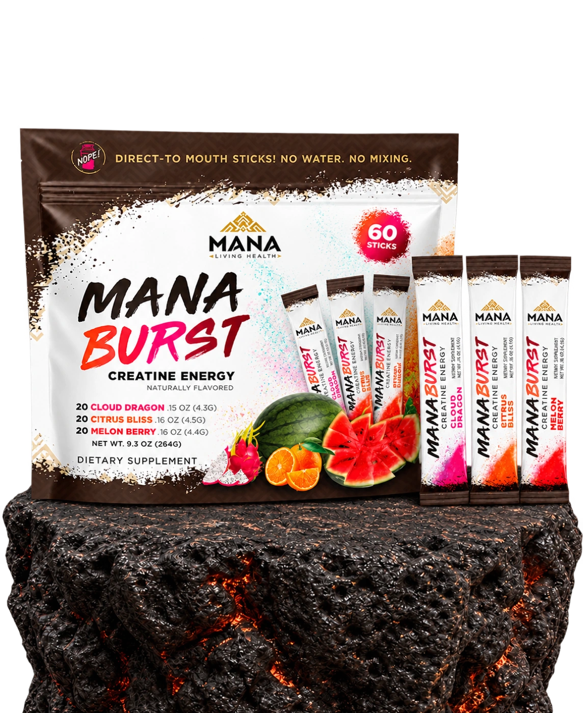 Mana Burst variety pouch with Cloud Dragon, Citrus Bliss, and Melon Berry sticks