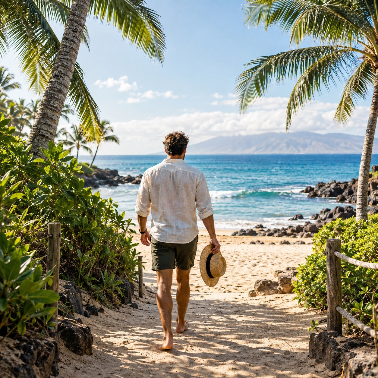 Walking toward the ocean along a palm-lined coastal path