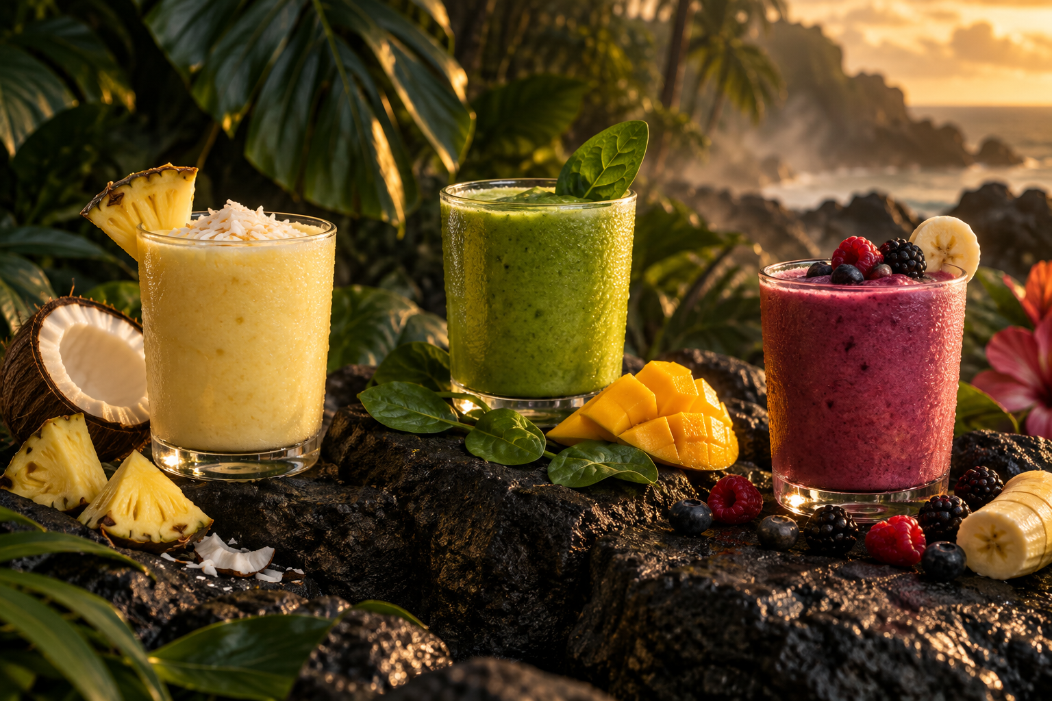Pineapple coconut, mango greens, and berry banana smoothies on volcanic rocks